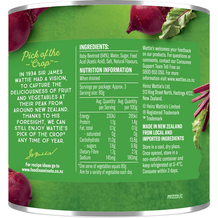 Wattie's Baby Beetroot in a can, showcasing vibrant color and nutritional benefits, perfect for salads and quick snacks.