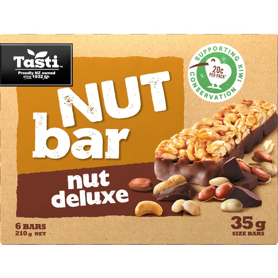 Nutritious Tasti Nut Bars Deluxe with protein-rich nuts, natural ingredients, and no artificial additives for healthy snacking.