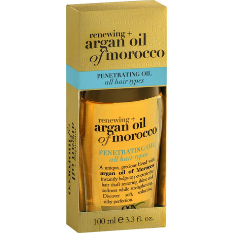 OGX Moroccan Argan Oil Treatment infuses hair with moisture, restoring shine and softness for all hair types.