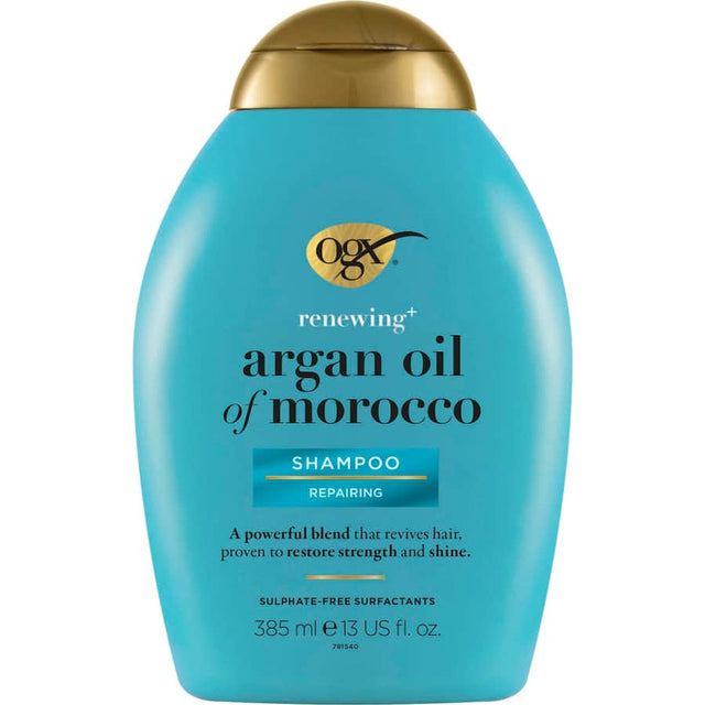 OGX Moroccan Argan Oil Shampoo bottle showcasing sulfate-free formula for hydrated, smooth, and revitalized hair.