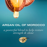 Hydrating OGX Moroccan Argan Oil Shampoo for dry, damaged hair, promoting softness, strength, and UV protection.