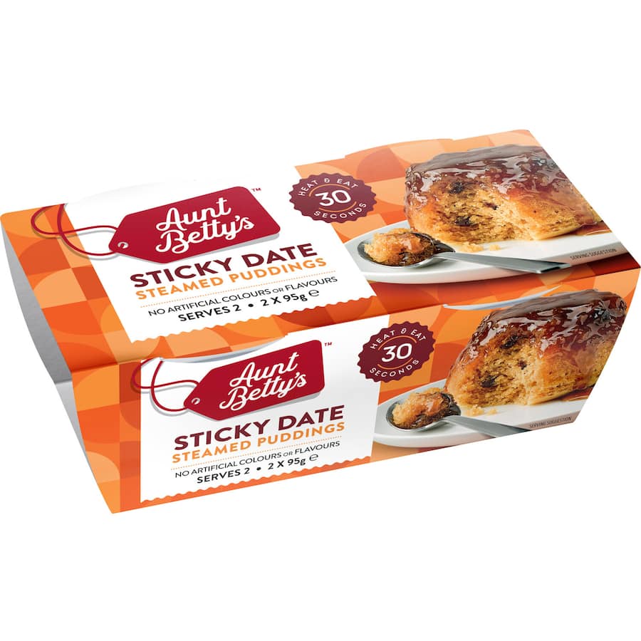 Aunt Betty's Sticky Date Pudding, 190g: Light sponge with rich dates in sticky toffee sauce, perfect solo or with ice cream.