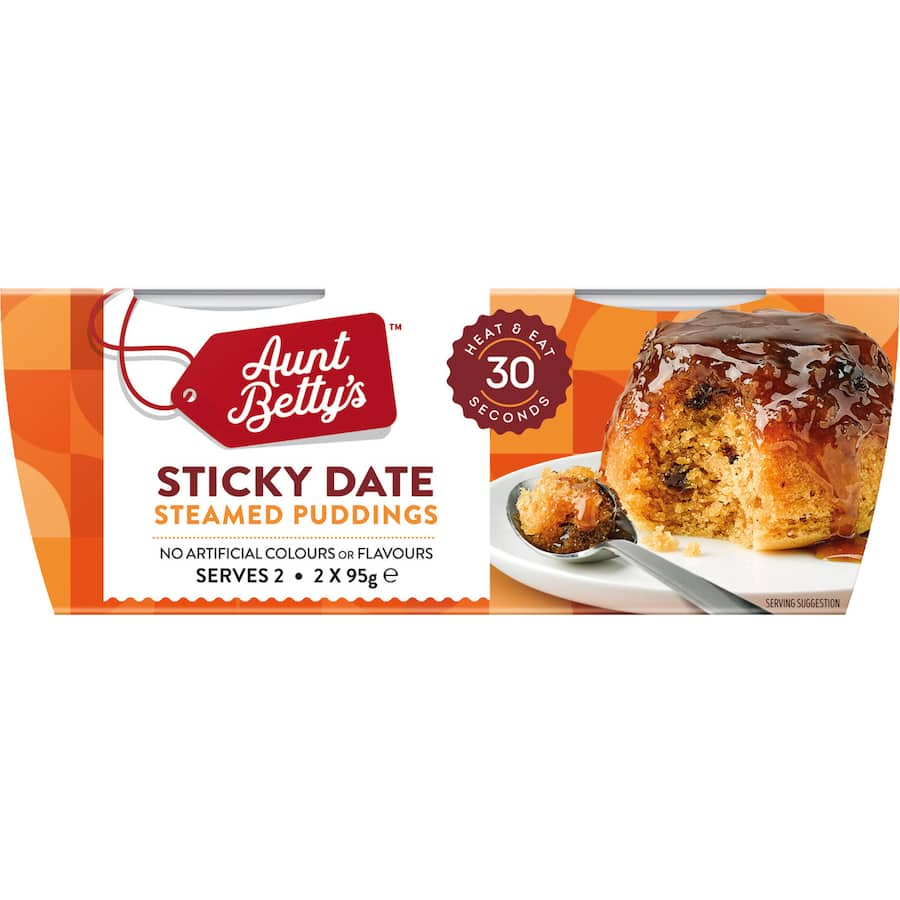 Aunt Betty's Sticky Date Steamed Pudding with rich dates and sticky toffee sauce, perfect for a comforting dessert.