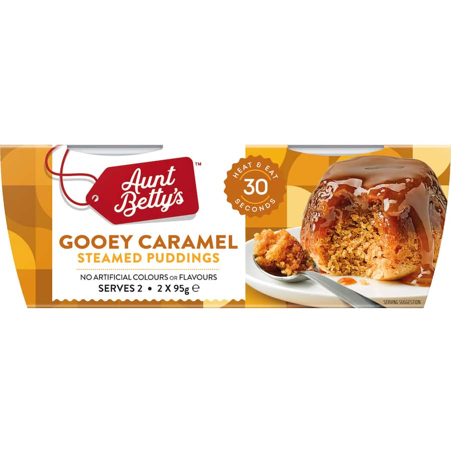 Aunt Betty's Steamed Pudding with gooey caramel sauce in a 190g portion, perfect for indulgent desserts or sharing.