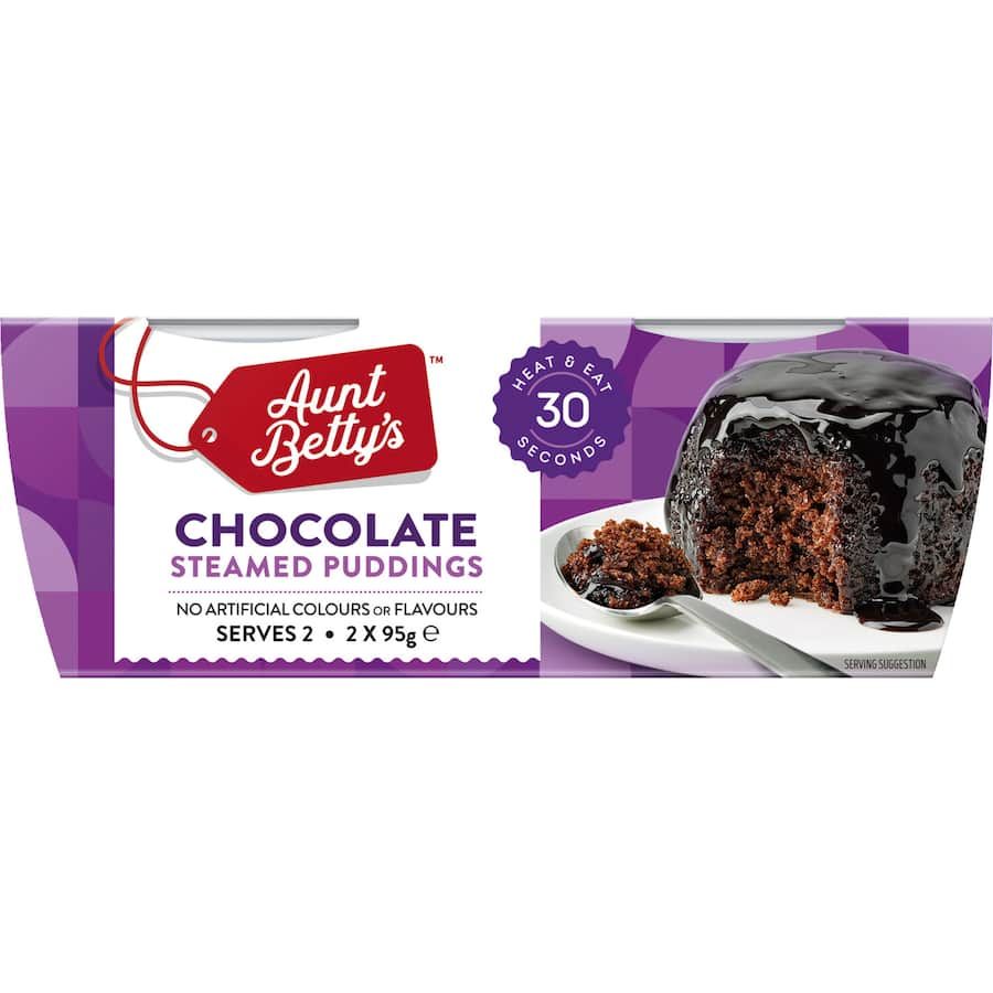 Aunt Betty's 190g chocolate steamed pudding, a rich dessert with a moist sponge and luscious chocolate sauce.