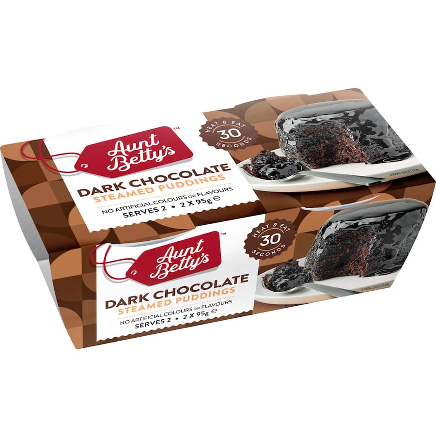 Aunt Betty's Dark Chocolate Steamed Pudding in a 190g package, featuring a moist sponge and rich chocolate sauce.