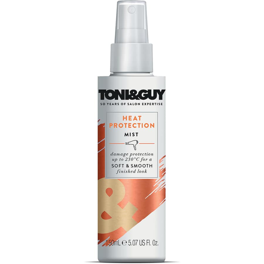 Lightweight heat protectant mist from Toni & Guy, safeguards hair from styling damage up to 230°C, hydrates and controls frizz.