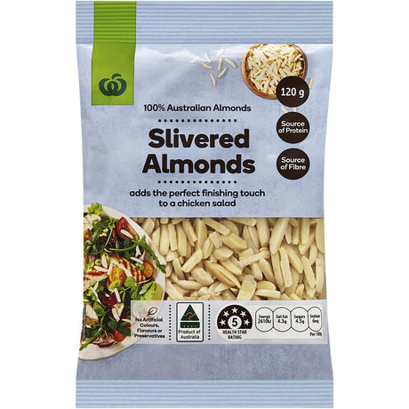 A 120g pack of Woolworths slivered Australian almonds, perfect for salads, snacks, and baking with nutritional benefits.