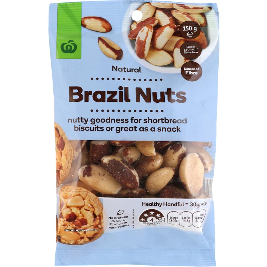 A 150g pack of Woolworths Brazil Nuts, rich in selenium and fiber, ideal for snacking and baking with a buttery flavor.