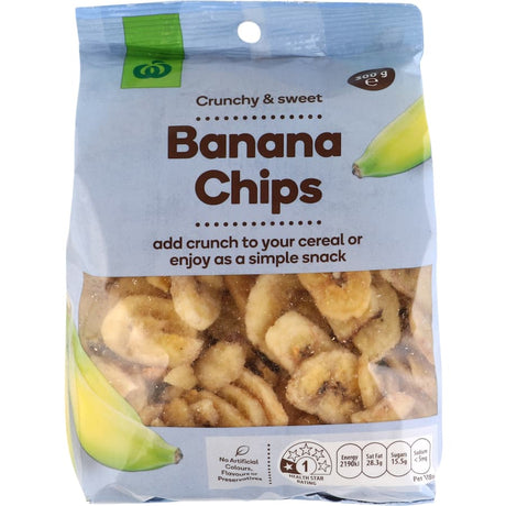 Woolworths Banana Chips 300g, crunchy snacks made from ripe bananas, perfect for healthy eating and topping cereals.