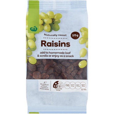 Delicious Woolworths Raisins 375g, perfect for baking and snacking, rich in fiber and antioxidants with no added sugars.