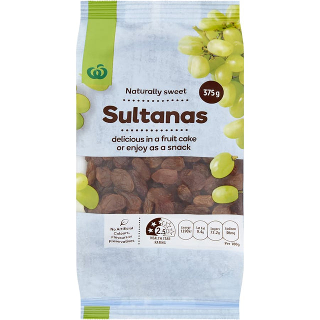 Woolworths Sultanas 375g, a sweet dried fruit perfect for baking, snacking, and adding nutrition to recipes.