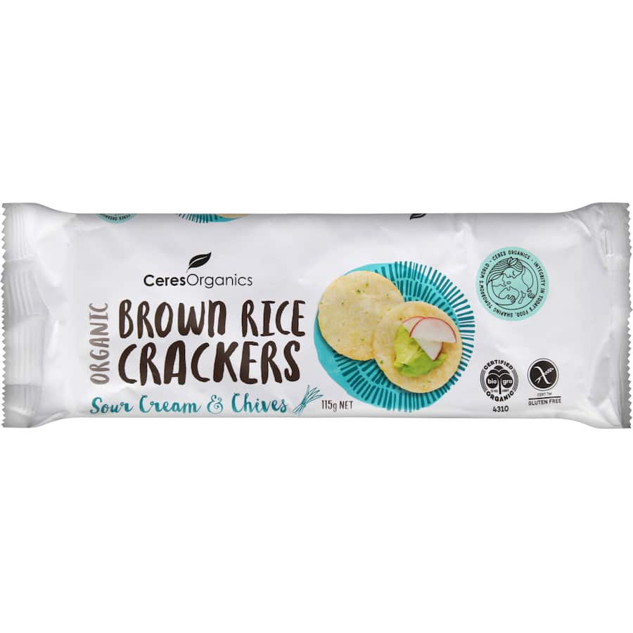 Ceres Organics Brown Rice Crackers Sour Cream - gluten-free, crunchy, flavorful snack, perfect for dipping and healthy indulgence.