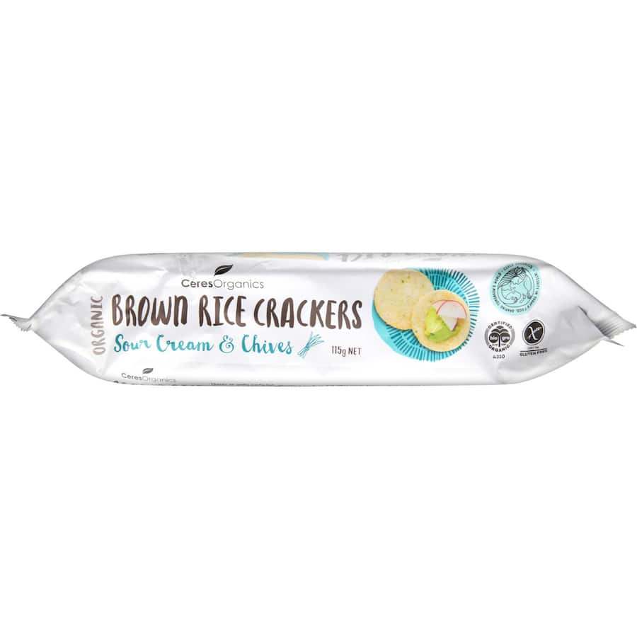 Ceres Organics Brown Rice Crackers Sour Cream: gluten-free, crunchy, and creamy snack perfect for healthy dipping and toppings.