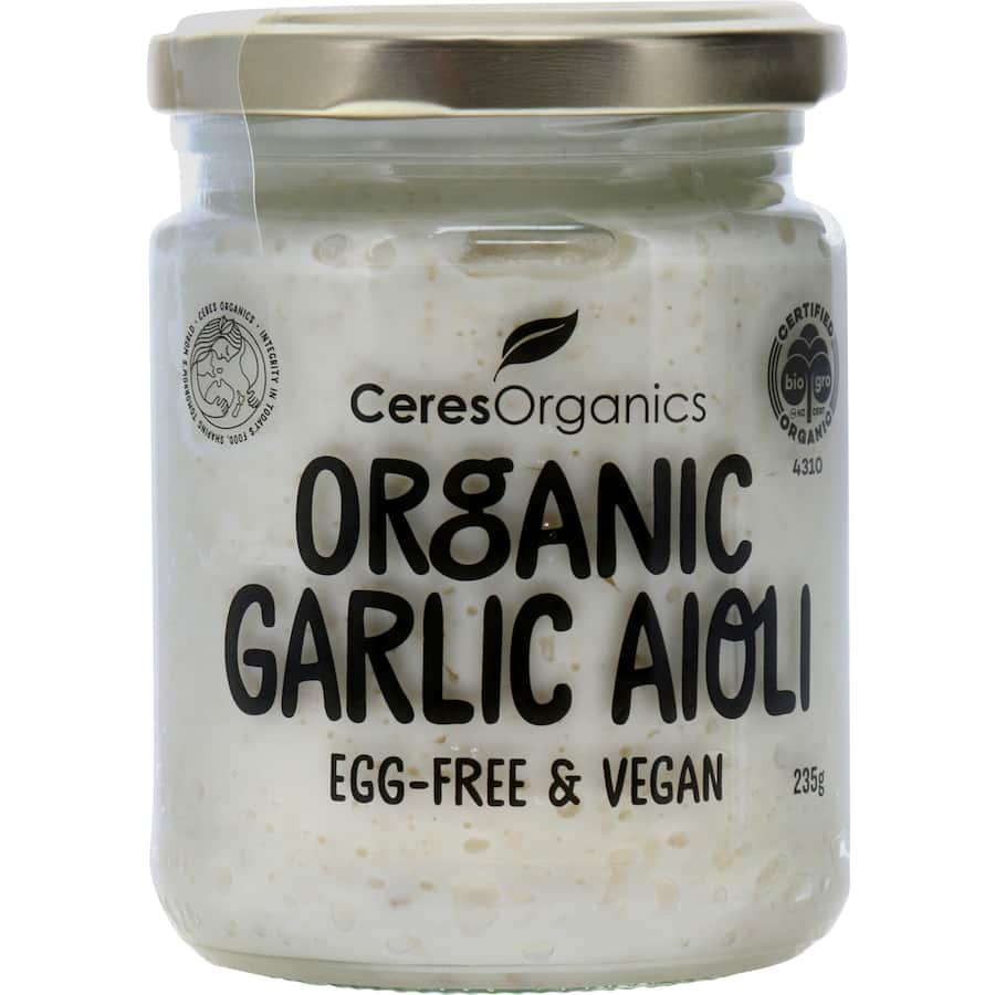 Creamy Ceres Organics vegan aioli with garlic, perfect for drizzling or dipping, made from organic ingredients.