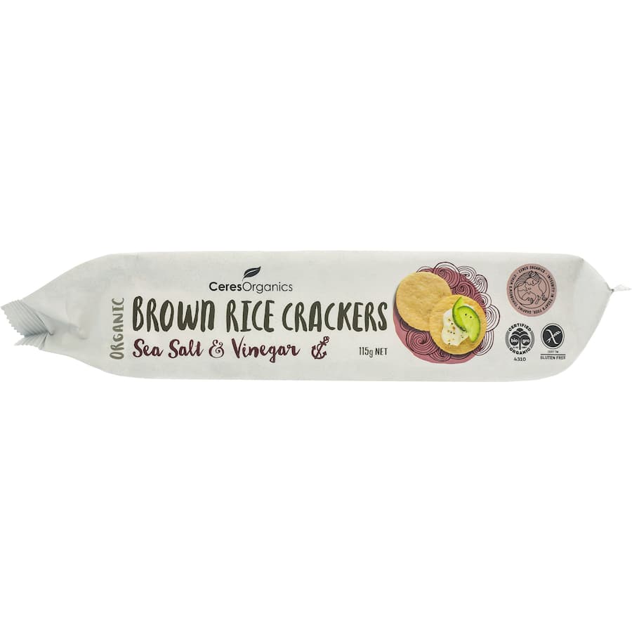 Ceres Organics Brown Rice Crackers Salt & Vinegar: crispy, gluten-free snack with tangy flavor, made from organic wholegrain rice.