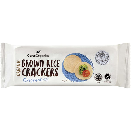 Ceres Organics Brown Rice Crackers: crispy, gluten-free snacks made from organic wholegrain brown rice, perfect for healthy snacking.