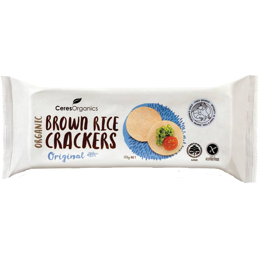 Ceres Organics Brown Rice Crackers Original - gluten-free, crispy, healthy snack made from wholegrain jasmine brown rice.