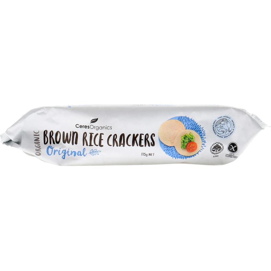 Ceres Organics Brown Rice Crackers Original, gluten-free, crispy snack made from wholegrain jasmine brown rice, perfect for healthy eating.