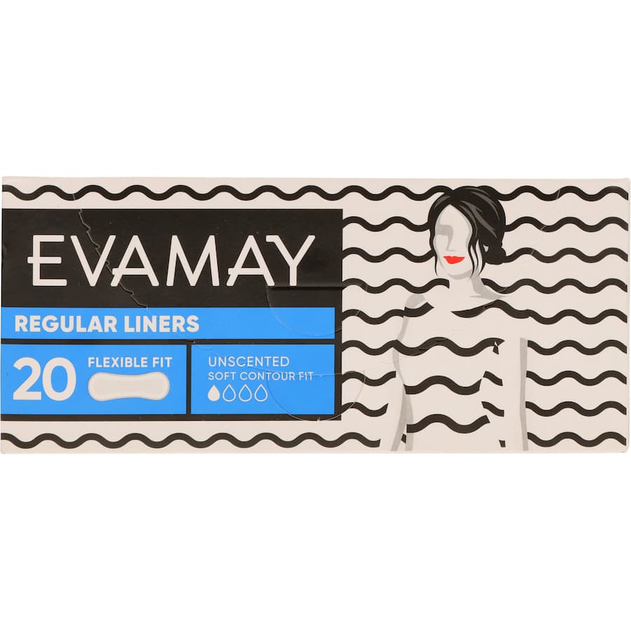 Evamay Panty Liners Regular pack of 20, featuring contoured design, breathable layers, and individual wrapping for comfort and freshness.