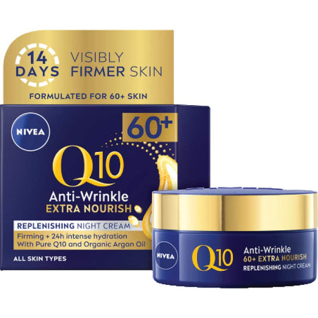 Nivea Q10 Night Cream for Mature Skin enriches with Q10 and Argan Oil for deep hydration and anti-aging benefits.