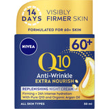 Nivea Q10 Night Cream for Mature Skin, enriched with Q10 and Argan Oil, hydrates and fights wrinkles overnight.