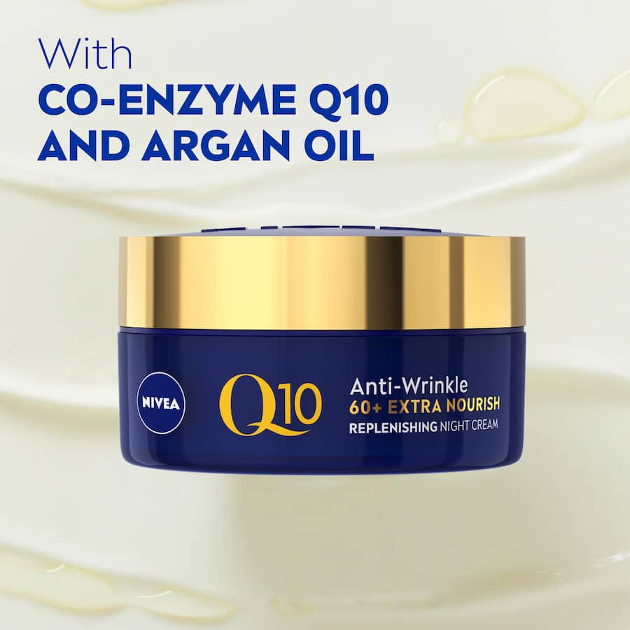 Nivea Q10 Night Cream for Mature Skin: luxurious anti-wrinkle cream with Q10 and Argan Oil for deep hydration and rejuvenation.