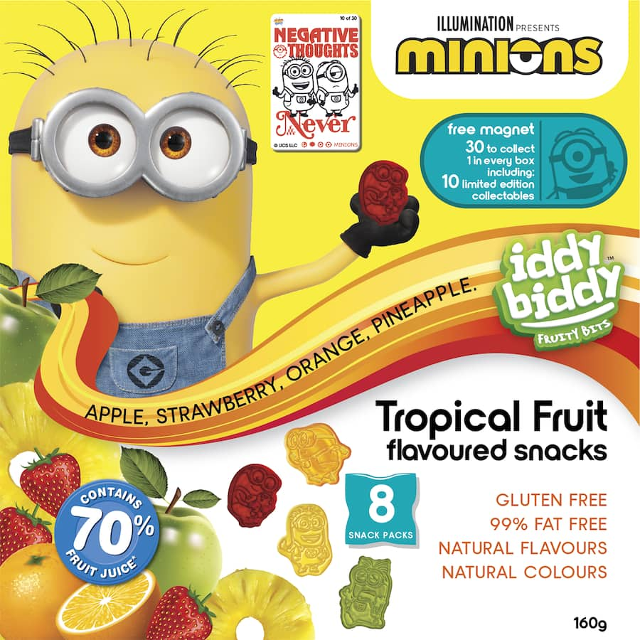 Chewy Iddy Biddy Fruit Snacks Tropical with real fruit puree, bursting with mango, pineapple, and passion fruit flavors.