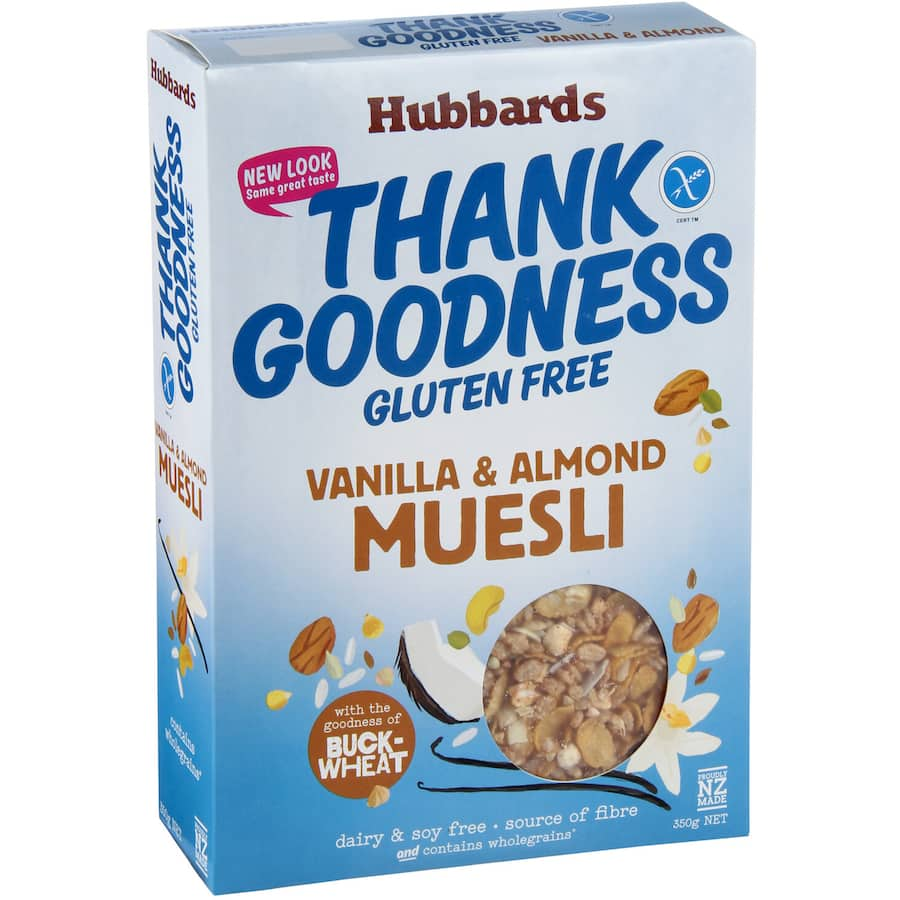 Bowl of Hubbards gluten-free muesli with almonds and cashews, featuring natural vanilla flavor and toasted oats.