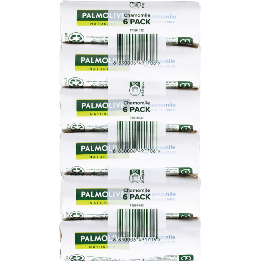 Palmolive Naturals Chamomile Bar Soap Value Pack featuring 98% natural ingredients, soothing chamomile, and creamy lather.