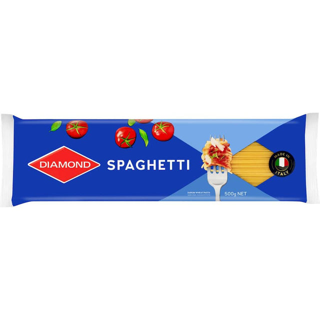 Delicious Diamond Pasta Spaghetti, crafted in Italy from 100% durum wheat, perfect for quick meals and gourmet dishes.