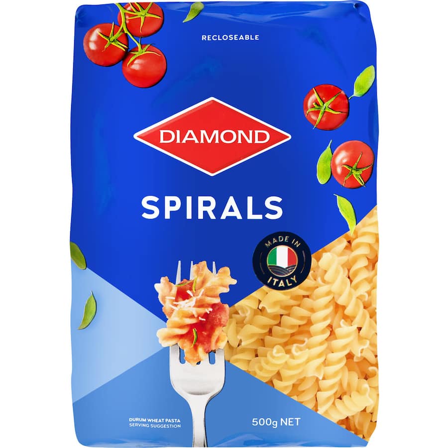 Diamond Pasta Spirals made from 100% durum wheat, in resealable packaging, perfect for quick and versatile meals.