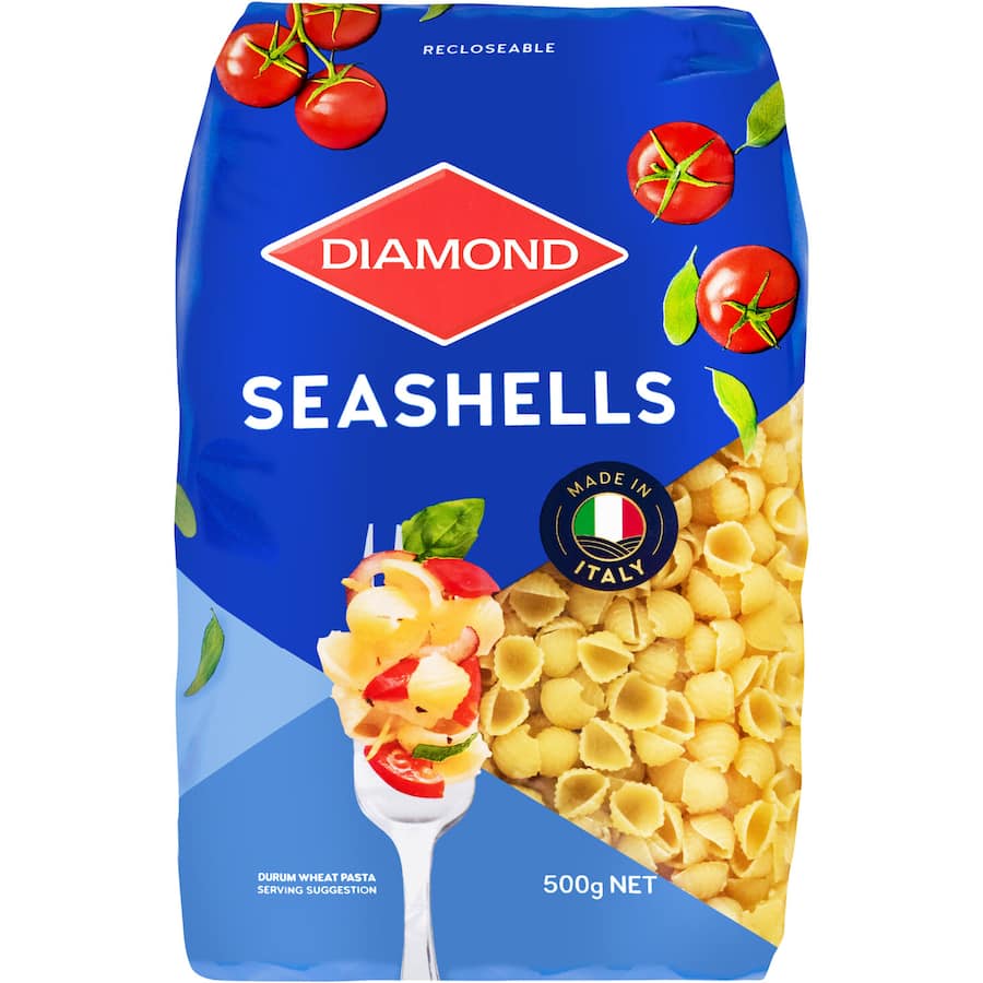 Seashell-shaped Diamond Pasta made in Italy, crafted from 100% durum wheat for quick, gourmet meals.