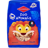 Colorful animal-shaped pasta in a resealable package, made in Italy from 100% durum wheat for delightful meals.