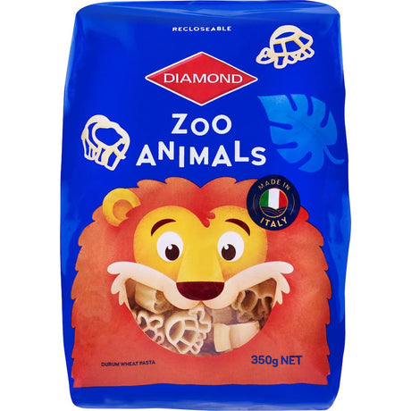 Colorful animal-shaped pasta in a resealable package, made in Italy from 100% durum wheat for delightful meals.