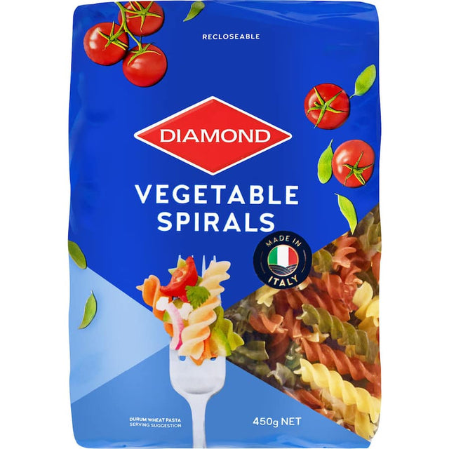 Delicious Diamond Pasta Vegetable Spirals made in Italy, featuring tomato and spinach for quick, healthy meals.