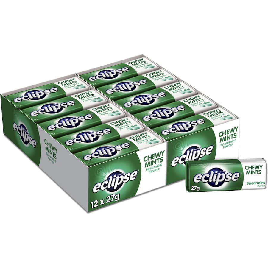 Eclipse Chewy Spearmint mints in a compact tin, ideal for freshening breath anytime, anywhere.