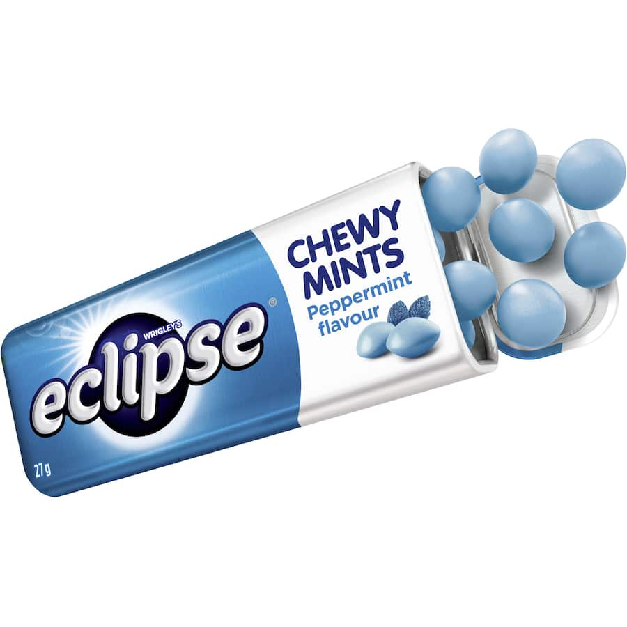 Eclipse Mints Chewy Peppermint in a slim tin, perfect for on-the-go breath freshening after meals and meetings.