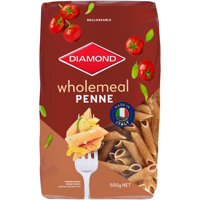 Wholemeal penne pasta from Italy, high in fiber, with ridges for sauce retention and convenient resealable packaging.