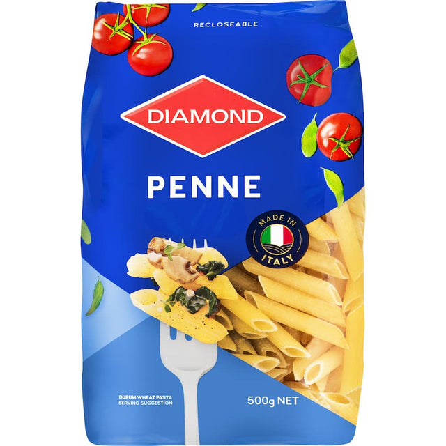 Diamond Pasta Penne in resealable packaging, made in Italy from 100% durum wheat for versatile and quick meals.