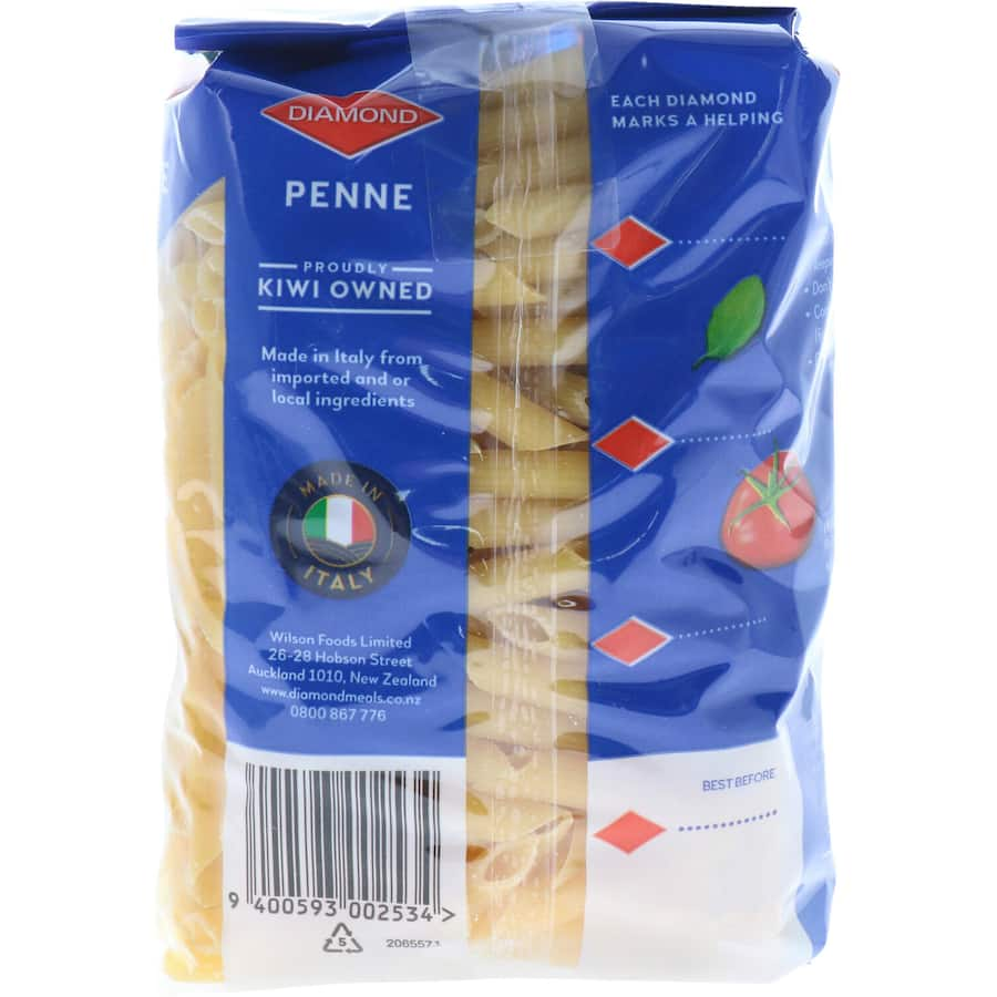 Package of Diamond Pasta Penne made from 100% durum wheat, featuring resealable packaging and portion markings.