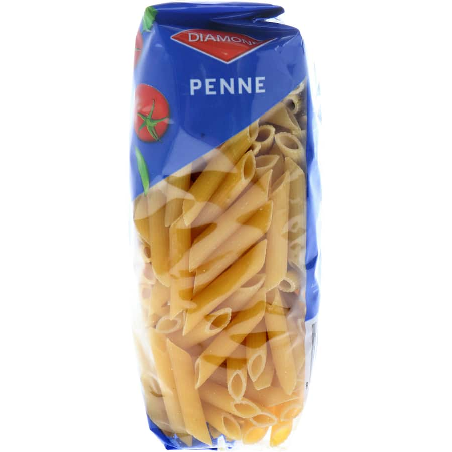 Diamond Pasta Penne, made in Italy from 100% durum wheat, features convenient portion markings and resealable packaging.