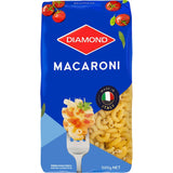 Diamond Pasta Macaroni made from 100% durum wheat, features portion markings and re-closable packaging for quick meals.