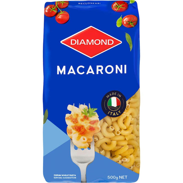 Diamond Pasta Macaroni made from 100% durum wheat, features portion markings and re-closable packaging for quick meals.