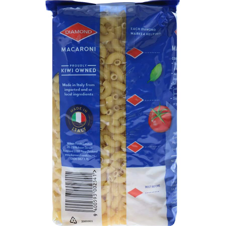 Diamond Pasta Macaroni in re-closable packaging, made from 100% durum wheat for authentic Italian dishes and quick meals.