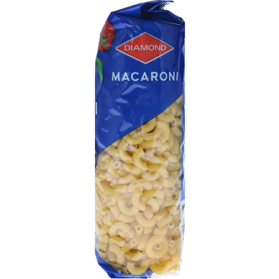 Diamond Pasta Macaroni in a re-closable package, crafted from 100% durum wheat for al dente perfection. Ideal for quick meals.