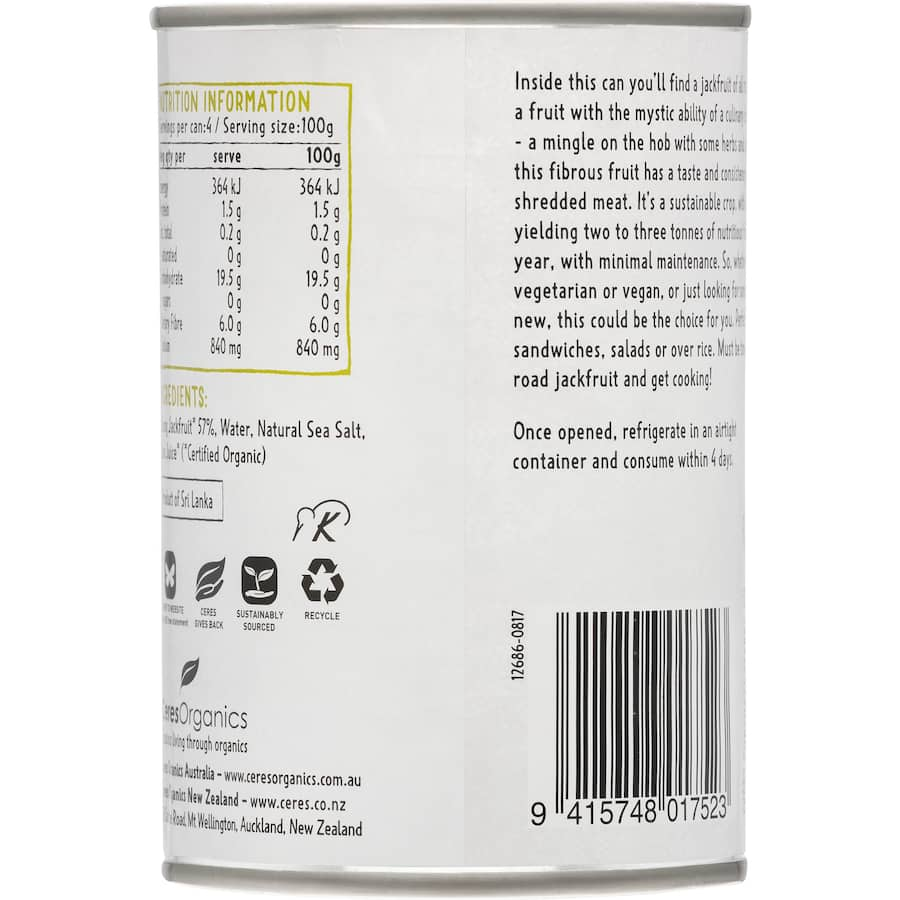 Ceres Organics Jackfruit: versatile plant-based meat alternative, perfect for tacos, sandwiches, salads, and rice bowls.