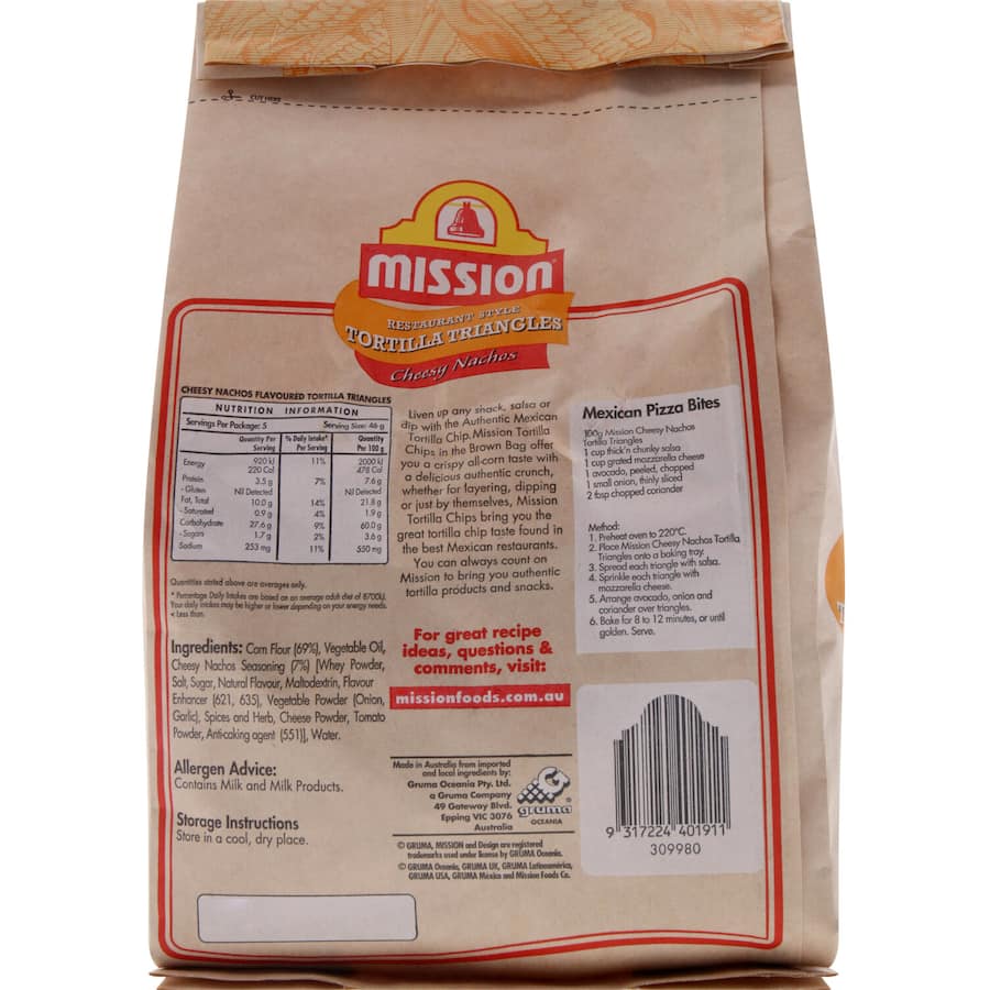 Mission Corn Chips Cheesy Nachos in a brown bag, featuring crispy, authentic tortilla chips perfect for dipping and snacking.