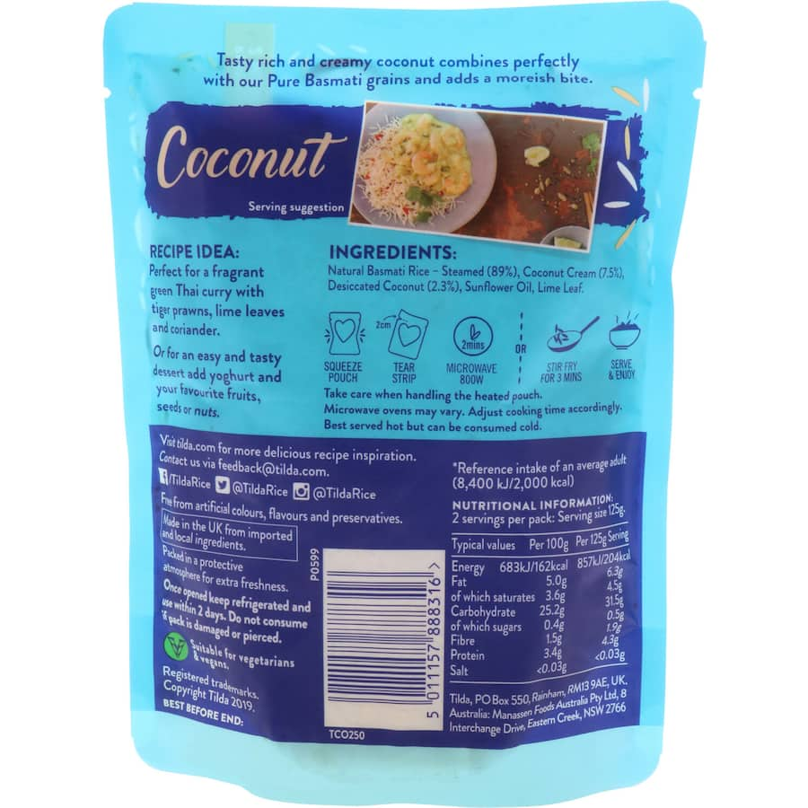 Tilda Steamed Rice Coconut Basmati in a microwavable pouch, featuring long grains with a rich coconut flavor, gluten-free and vegetarian.