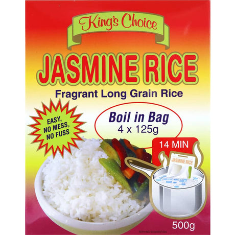 Kings Choice Jasmine Rice in boil-in-bag for easy cooking, offering fragrant aroma and fluffy texture for delicious meals.